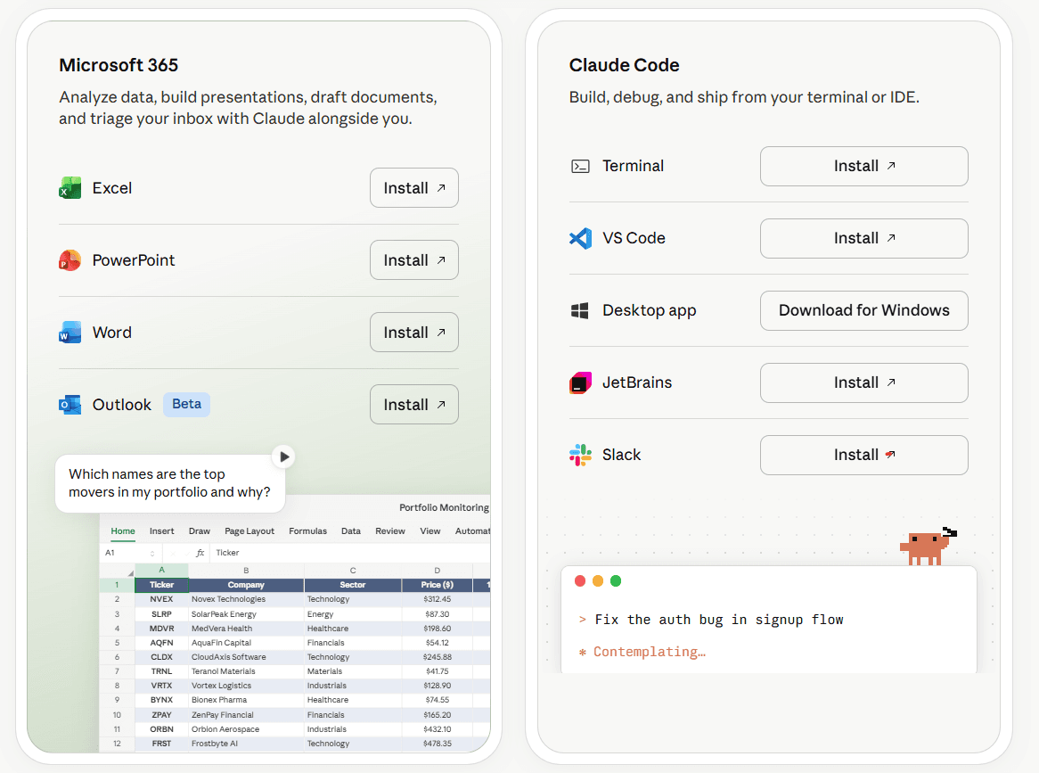 Microsoft 365 integrations alongside Claude Code installation options